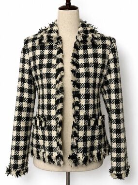 Black & white checked tweed jacket blazer. Pockets, frayed edges- old money. S
